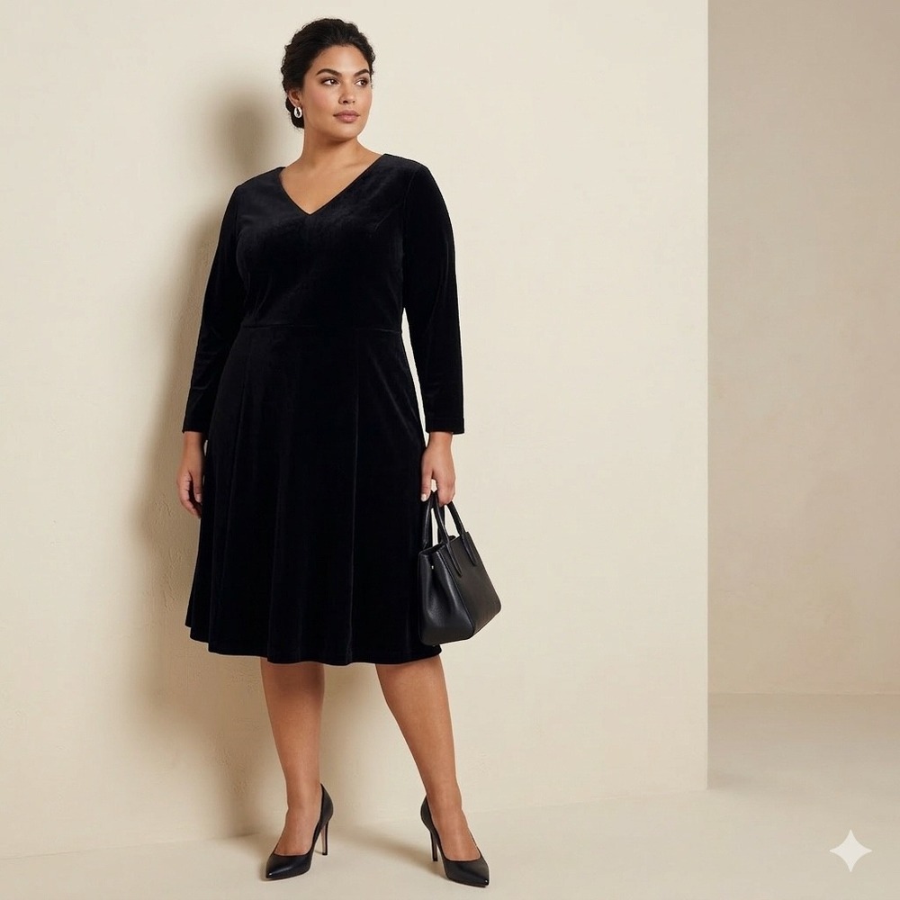 Lands End Womens Black Velvet V-Neck Fit Flare Dress 16W Holiday‎ Formal
